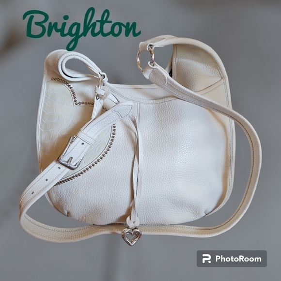 VTG BRIGHTON Off White Studded Heart Leather Coquette Hobo Bag - Picture 1 of 12